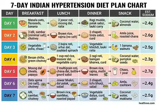 Printable 7-day Indian Hypertension Diet Plan chart — color-coded weekly meal grid with daily sodium estimates