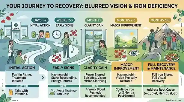Vision recovery timeline infographic — from iron supplements to restored eyesight