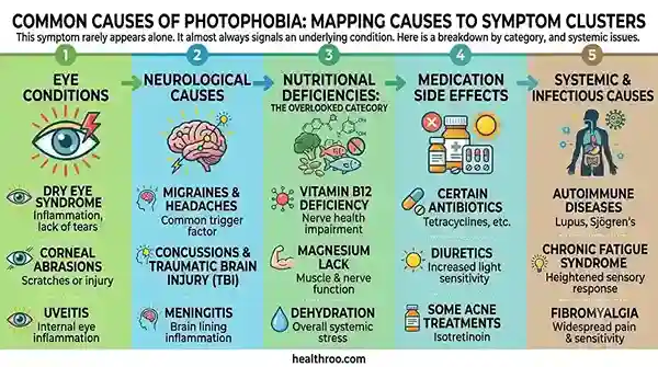 Flowchart infographic mapping photophobia causes to symptom clusters, branching from eye, brain, nutrition, medication, and systemic categories