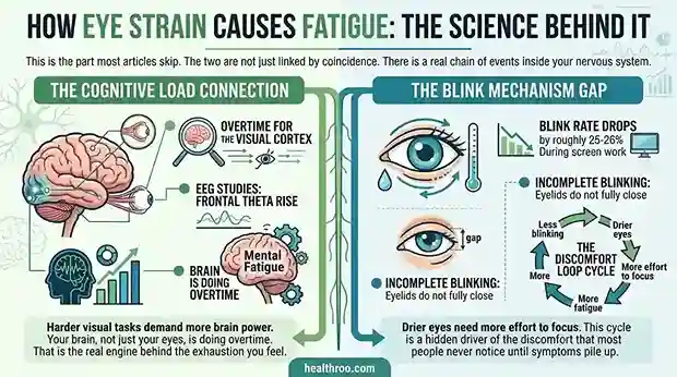 Flowchart showing screen use leading to eye muscle strain, then visual cortex load, then mental fatigue, then productivity loss