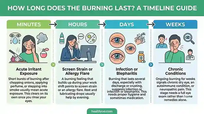 Timeline graphic showing burning sensation in eyes duration minutes hours days weeks