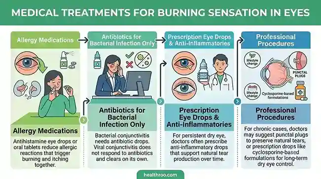 Treatment ladder graphic from home care to emergency care for burning sensation in eyes