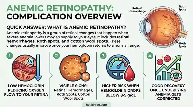 The infographic of complication overview showing retinal hemorrhage and Roth spots of Anemic Retinopathy