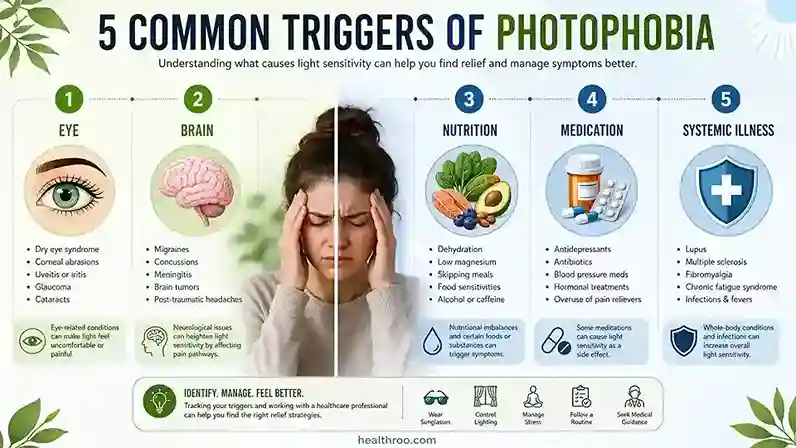 Split-screen icon graphic showing five photophobia trigger categories: eye, brain, nutrition, medication, systemic illness