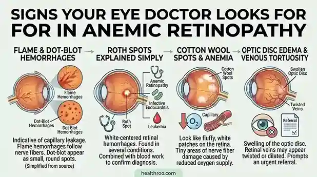 Infographic showing flame hemorrhage, dot-blot hemorrhage, Roth spots, subhyaloid and vitreous hemorrhage