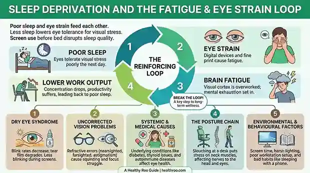 Category chart showing digital, medical, environmental, and postural causes of eye and body tiredness in connection the issue of Fatigue and Eye Strain