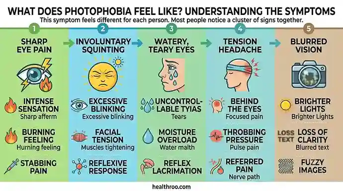 Simple icon row showing five photophobia symptoms: pain, squint, tears, headache, blur