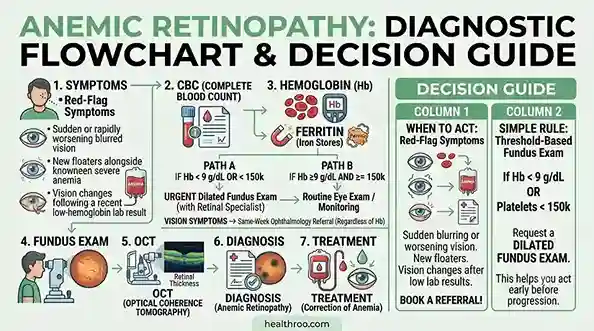 Diagnostic flowchart from symptoms to CBC to hemoglobin to ferritin to fundus exam to OCT to diagnosis to treatment